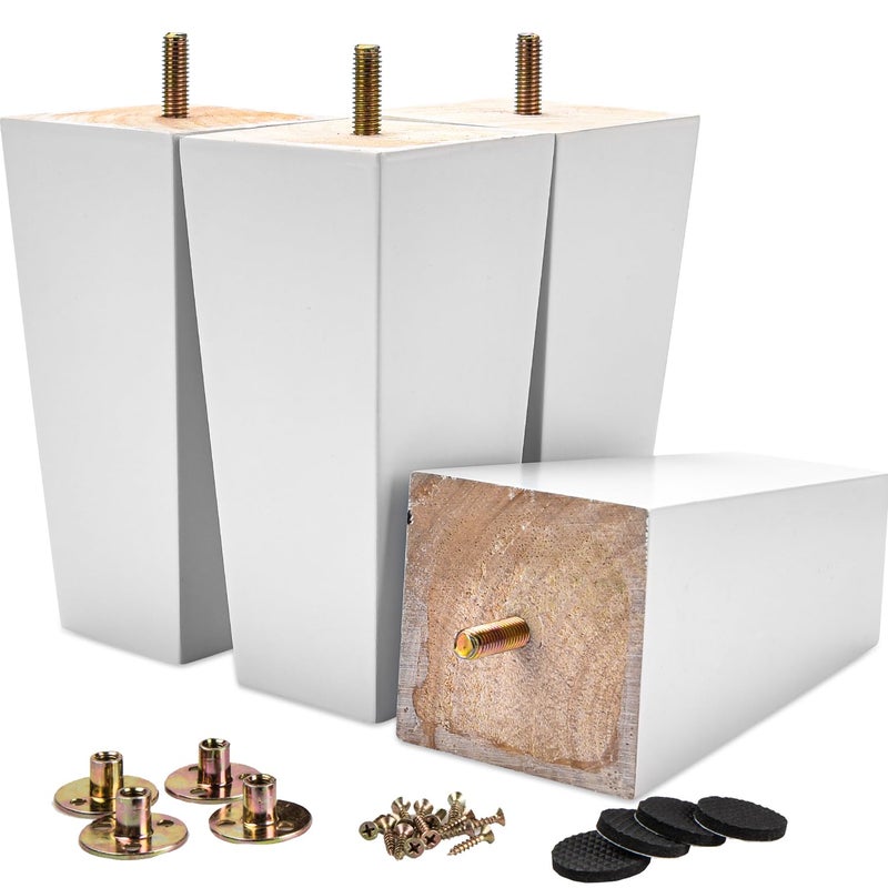 La Vane 8 inch Wooden Furniture Legs, Set of 4 Solid Wood Square White Mid-Century Modern Replacement Bun Feet with Pre-Drilled 5/16 Inch Bolt & Mounting Plate & Screws for Couch Sofa Armchair - Image 1